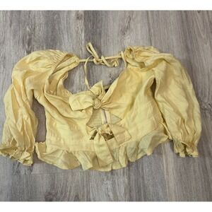 Hers & Mine Yellow‎ Puff Sleeve Tie Front Crop Top Smocked Back  Womens Large